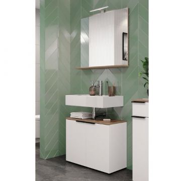 Badezimmerset Yannai | Waschtischunterschrank und Wandspiegel mit Beleuchtung | Design Oak White