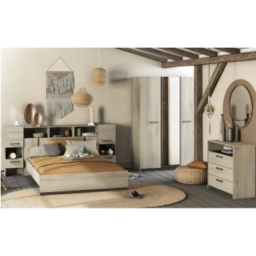 Schlafzimmerset Waylon | Doppelbett, Kopfteil mit Stauraum, Kleiderschrank und Kommode | Waterford Oak Design