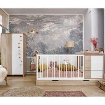 Kinderzimmerset Binno | Mitwachsendes Bett mit Kommode, Kleiderschrank und Wandregal | Design Oak White