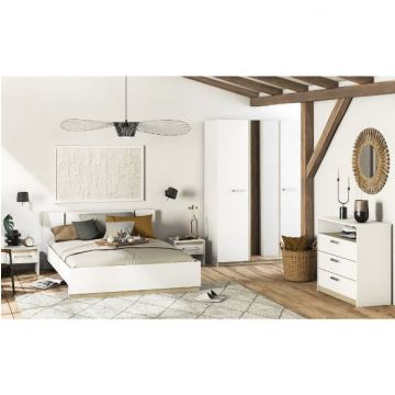 Schlafzimmerset Waylon | Doppelbett, Nachttisch, Kleiderschrank, Kommode | Kronberg Eiche Weiß Design