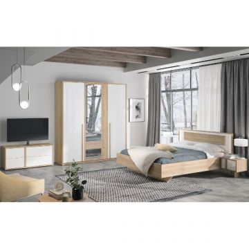 Schlafzimmerset Alto | Doppelbett, Nachttisch, TV-Schrank, Kleiderschrank | Design Sonoma Eiche/Weiß