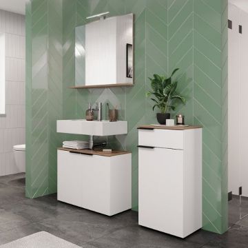 Badezimmerset Yannai | Waschtischunterschrank, Seitenschrank und Wandspiegel mit Beleuchtung | Oak White Design