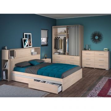 Schlafzimmerset Ekko | Doppelbett, Kopfteil mit Stauraum, Nachttisch, Kleiderschrank, Kommode | Oak Design