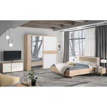 Schlafzimmerset Alto | Doppelbett, Nachttisch, TV-Schrank, Kleiderschrank | Design Sonoma Eiche/Weiß