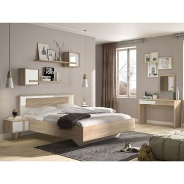 Schlafzimmerset Alto | Doppelbett, Nachttisch, Wandregal, Schminktisch | Design Sonoma Eiche/Weiß