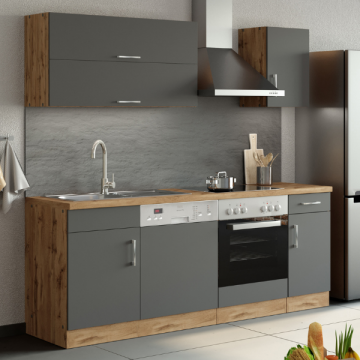 Küchenzeile Sorrella 210cm mit Platz für Geschirrspüler und Backofen - Eiche/Graphit  Modern - Held | Emob