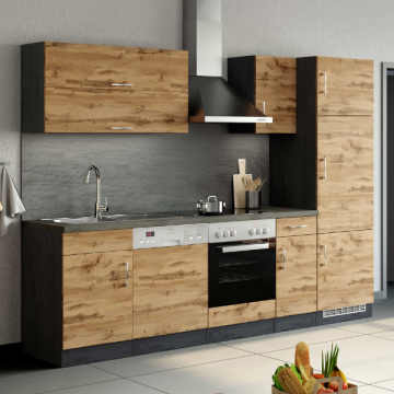 Küchenzeile Sorrella 270cm mit Platz für Backofen, Geschirrspüler und Kühlschrank - Eiche/Graphit