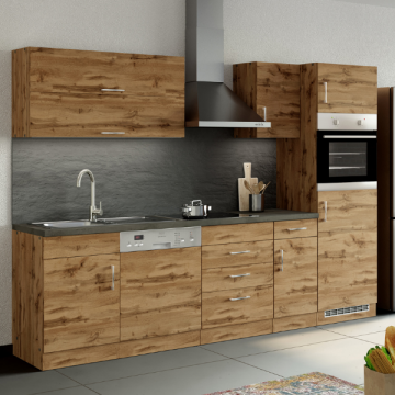 Küchenzeile Sorrella 270cm mit Platz für Geschirrspüler, Backofen und Kühlschrank - Eiche