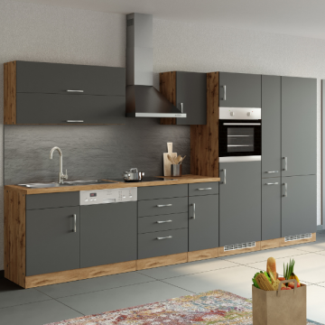 Küchenzeile Sorrella 360cm mit Platz für Geschirrspüler, Backofen, Kühlschrank und Gefrierschrank - Anthrazit/Eiche