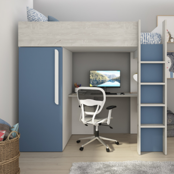 Hochbett Bo9 90x200 cm mit Schreibtisch & Kleiderschrank - blau
