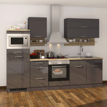 Küchenzeile Ragnar 270cm mit Platz für Mikrowelle, Kühlschrank und Backofen - Hochglanz anthrazit