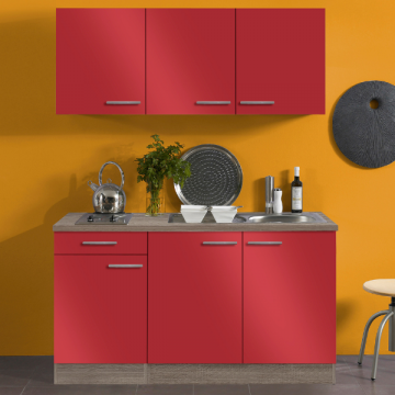 Küchenzeile Bistrot 150 cm mit 2-Flammen-Kochfeld glänzend rot/ Trüffeleiche