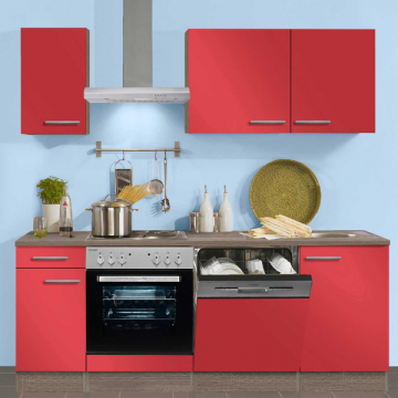 Küchenzeile Bistrot 210 cm mit Platz für Geschirrspüler und Einbauherd mit Backofen-rot/Trüffel-Eiche