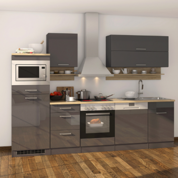 Küchenzeile Ragnar 280cm mit Platz für Mikrowelle, Kühlschrank, Backofen und Geschirrspüler - anthrazit hochglanz