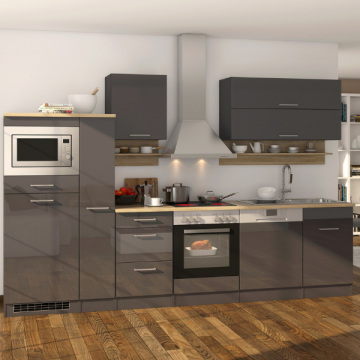 Küchenzeile Ragnar 310cm mit Platz für Mikrowelle, Kühlschrank, Backofen und Geschirrspüler - anthrazit hochglanz
