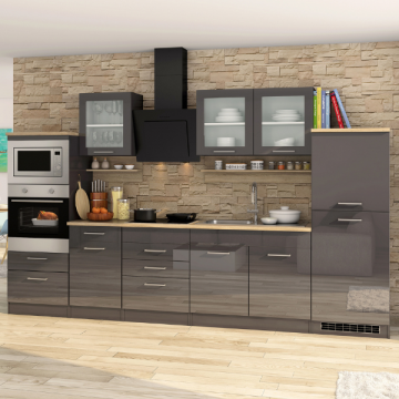 Küchenzeile Ragnar 330cm mit Platz für Backofen, Mikrowelle und Kühlschrank - Hochglanz anthrazit