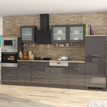 Küchenzeile Ragnar 340cm mit Platz für Backofen, Mikrowelle, Geschirrspüler und Kühlschrank - Hochglanz anthrazit