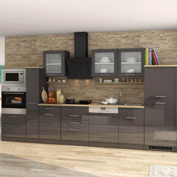 Küchenzeile Ragnar 370cm mit Platz für Backofen, Mikrowelle, Geschirrspüler und Kühlschrank - Hochglanz anthrazit