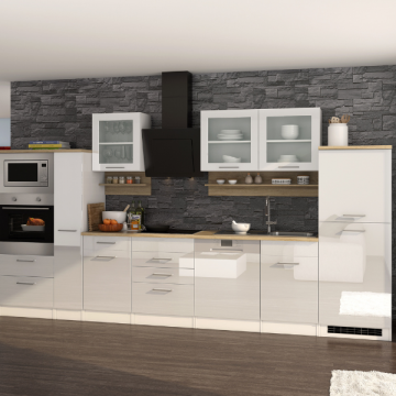 Küchenzeile Ragnar 370cm mit Platz für Backofen, Mikrowelle, Geschirrspüler und Kühlschrank - hochglänzend weiß