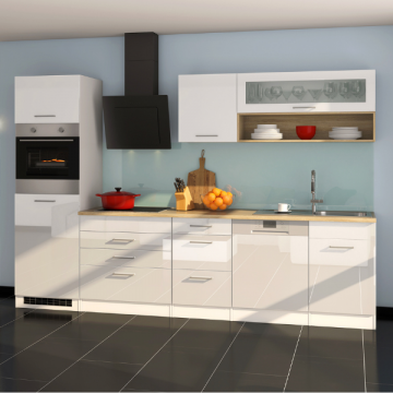 Küchenzeile Ragnar 300cm mit Geschirrspüler, Backofen und Kühlschrank - hochglänzend weiß