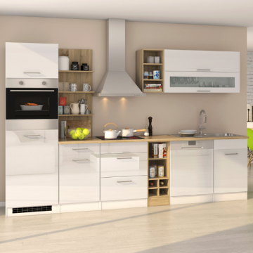 Küchenzeile Ragnar 310cm mit Geschirrspüler, Backofen und Kühlschrank - hochglänzend weiß