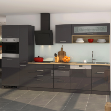 Küchenzeile Ragnar 330cm mit Geschirrspüler, Backofen und Kühlschrank - Hochglanz anthrazit