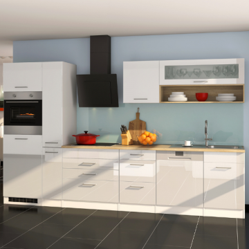 Küchenzeile Ragnar 330cm mit Geschirrspüler, Backofen und Kühlschrank - hochglänzend weiß
