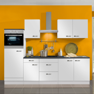 Küchenzeile Bitstrot mit Platz für Kühl-/Gefrierschrank, Backofen und Cerankochfeld - weiß poliert