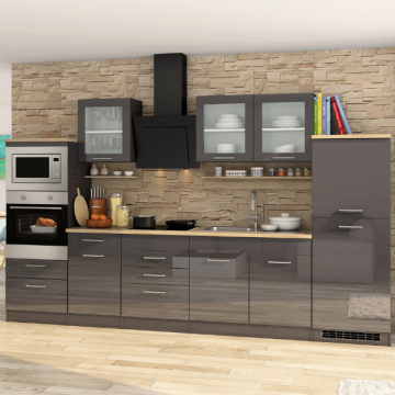 Küchenzeile Ragnar 330cm mit Backofen, Mikrowelle und Kühlschrank - Hochglanz anthrazit