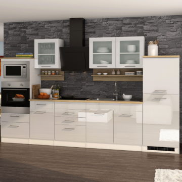 Küchenzeile Ragnar 330cm mit Backofen, Mikrowelle und Kühlschrank - Hochglanz weiß