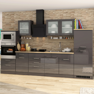 Milan E-Zeile 330 Küchenzeile mit Mikrowelle/Induktion - Hochglanz Grau/Graphit/Eiche Sonoma