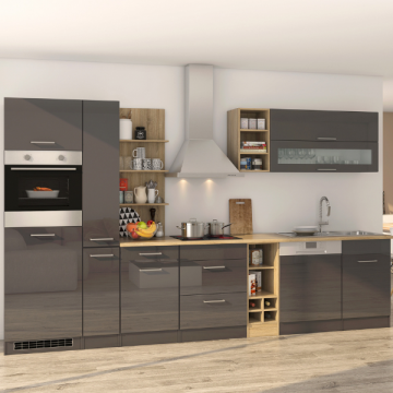 Küchenzeile Ragnar 340cm mit Geschirrspüler, Backofen und Kühlschrank - Hochglanz anthrazit