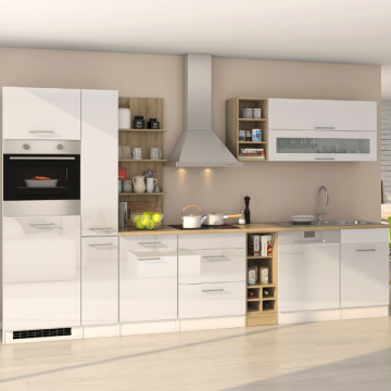 Küchenzeile Ragnar 340cm mit Geschirrspüler, Backofen und Kühlschrank - hochglänzend weiß