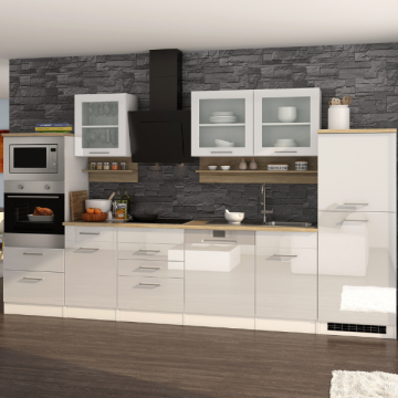 Küchenzeile Ragnar 340cm mit Backofen, Mikrowelle, Geschirrspüler und Kühlschrank - hochglänzend weiß