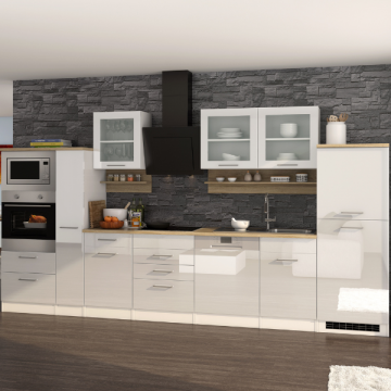 Küchenzeile Ragnar 370cm mit Backofen, Mikrowelle, Geschirrspüler und Kühlschrank - hochglänzend weiß