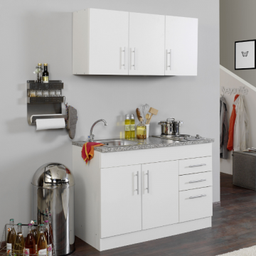 Küchenzeile Toto 120cm mit Kochfeld - weiß/marmoriert