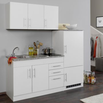 Küchenzeile Toto 180cm mit Kochfeld und Kühlschrank - weiß/marmoriert