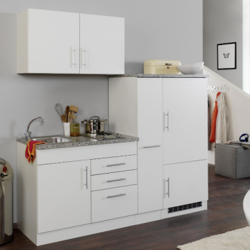 Küchenzeile Toto 190cm mit Kochfeld und Kühlschrank - weiß/marmoriert