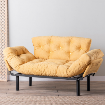 Bequemes 2-Sitz-Sofa-Bett | Stilvolles Design | Metallrahmen | Polyester-Gewebe | Senffarbe