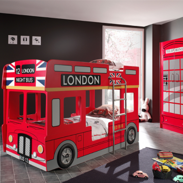 Etagenbett London Bus 90x200 cm mit LED-Beleuchtung 2-türiger Kleiderschrank-rot