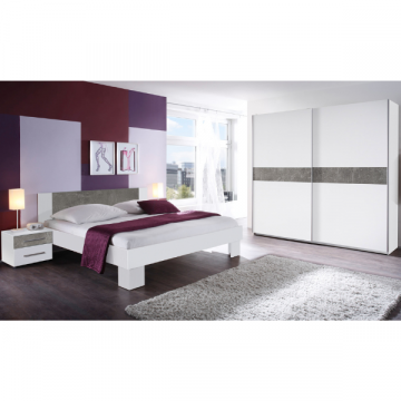 Schlafzimmerset Lola mit Bett 180x200, 2 Nachttische und Kleiderschrank - weiß/beton