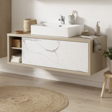 Waschtischunterschrank Latima 123cm mit Waschbecken und Schublade - Eiche/Marmor