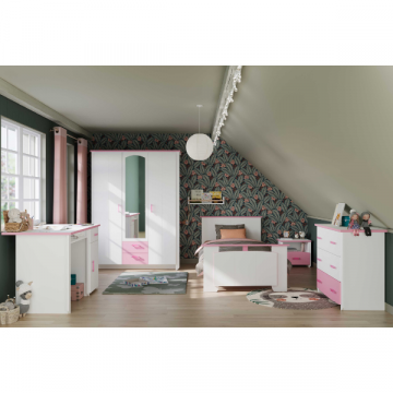 Kinderzimmer Biotiful: Schreibtisch, Bett 90x200, Nachttisch, Kommode, Kleiderschrank - weiß/rosa