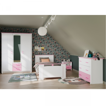 Kinderzimmer Biotiful: Bett 90x200, Nachttisch, Kommode, Kleiderschrank - weiß/rosa