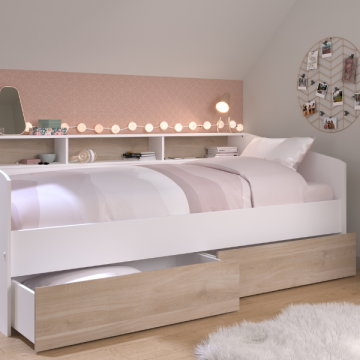 Kinderbett Sleep 90x200cm mit Bettkästen - weiß/Eiche Dekor
