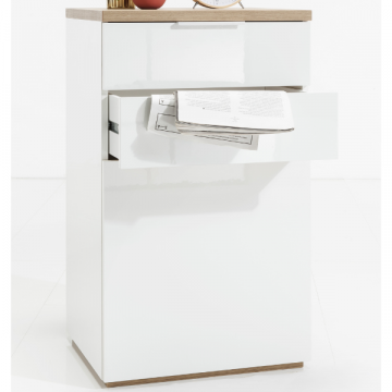 Vielseitiges Sideboard Mundi | 82,3 x 35,2 x 102,3 cm | Weiß Hochglanz / Riviera Oak Design