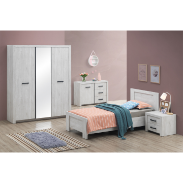 Einzelzimmer Elvira: Bett 90x200cm, Nachttisch, Kleiderschrank, Kommode - Eiche weiß