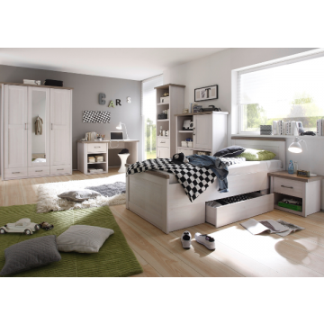 Kinderzimmer Larnaca: Bett 90x200, Nachttisch, Kleiderschrank, 2xBücherregal, Schreibtisch - white wash