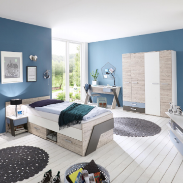 Kinderzimmer Nano: Bett 90x200cm, Nachttisch, Schreibtisch, Kleiderschrank
