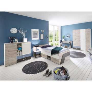 Kinderzimmer Nano: Bett 90x200cm, Nachttisch, Kommode, Schreibtisch, Kleiderschrank 